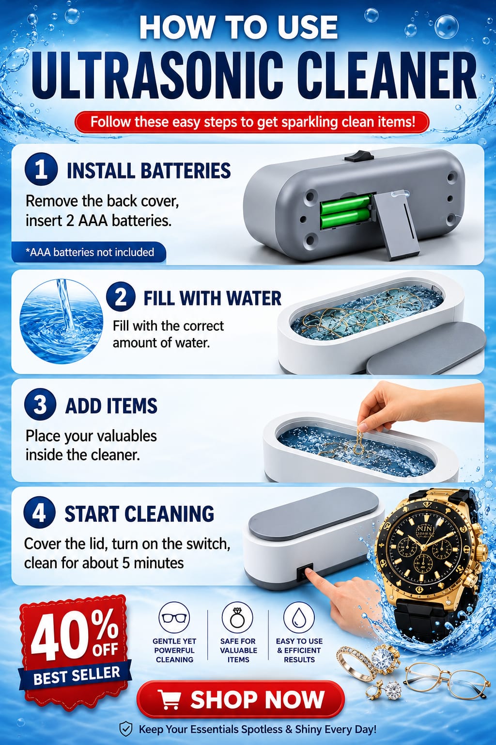 Ultrasonic Cleaner – Deep Cleaning for Glasses, Jewelry & More